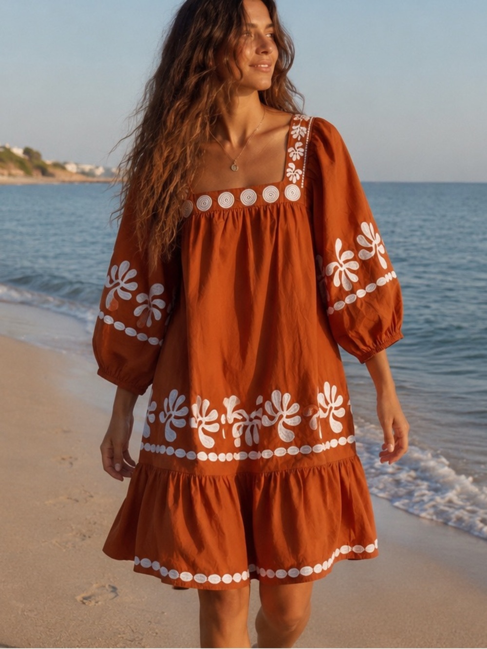 J. Marie Burnt Orange Embroidered Cotton Boho Dress Size XL NWT